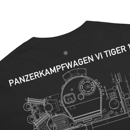 Hand-drawn schematic of the TIGER 1 printed on a standard T-shirt.