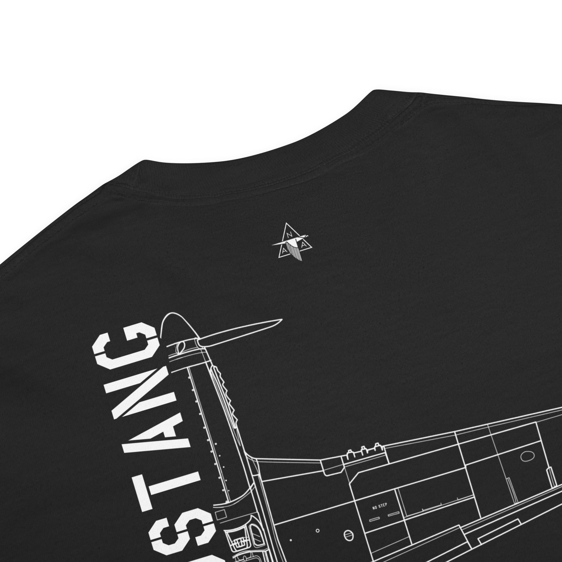 Hand-drawn technical schematic of the North American P-51D Mustang WWII fighter printed on a standard t-shirt.