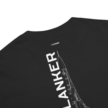 Hand-drawn technical schematic of the Sukhoi SU-27 Flanker supermaneuverable fighter on a standard t-shirt.