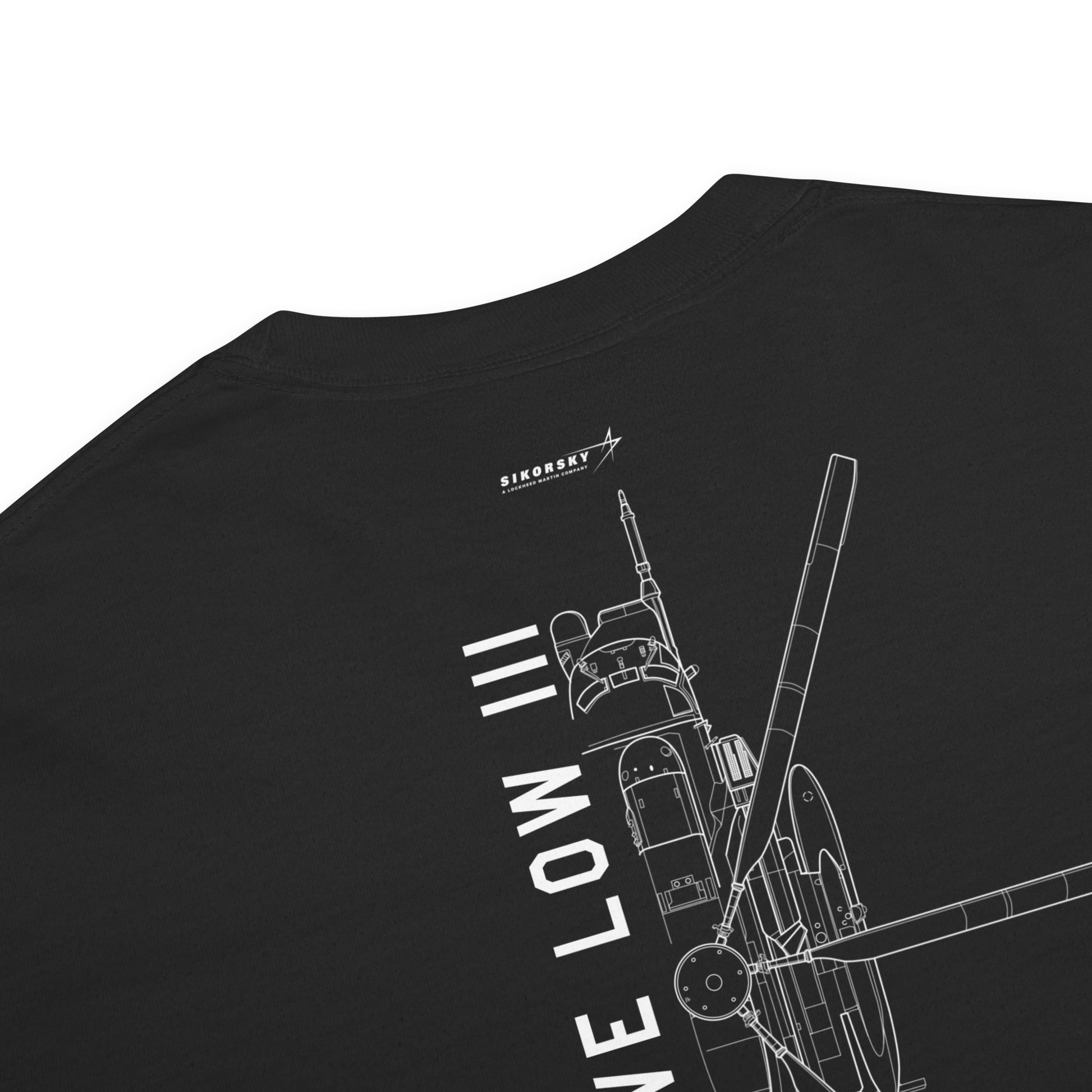 Hand-drawn schematic of the SIKORSKY MH-53J PAVE LOW printed on a standard T-shirt.