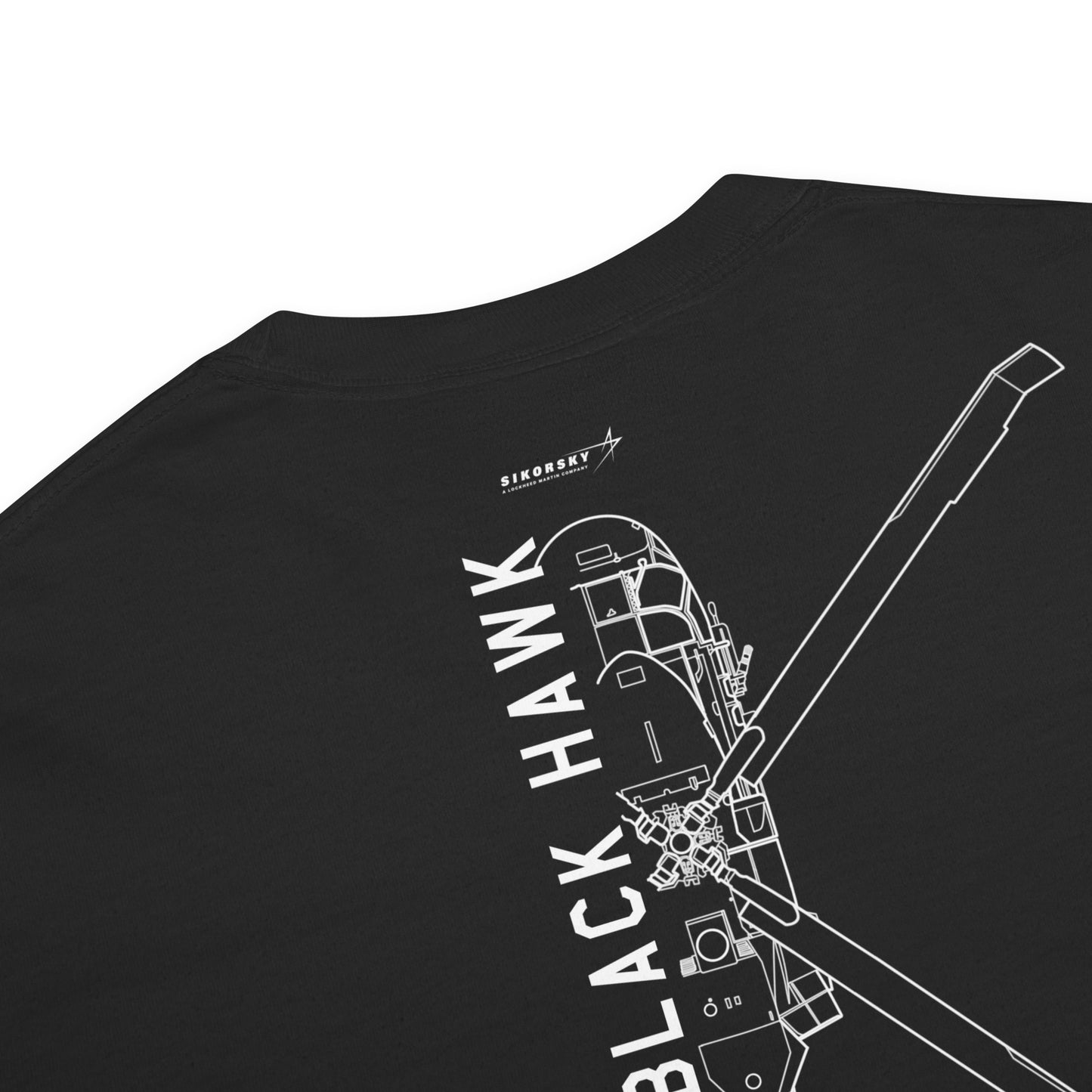 Hand-drawn technical schematic of the Sikorsky UH-60M Black Hawk military helicopter on a standard t-shirt.