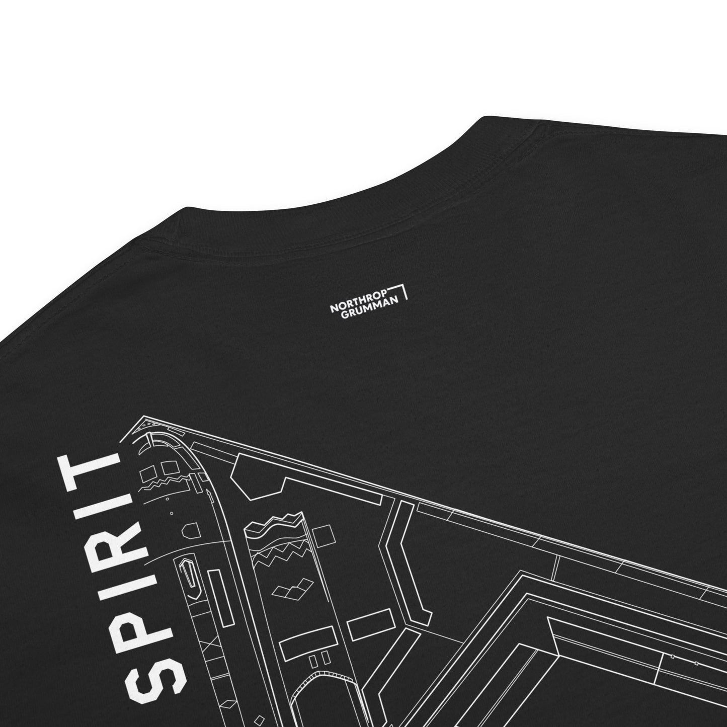 Hand-drawn technical schematic of the Northrop Grumman B-2 Spirit stealth bomber printed on a standard t-shirt.