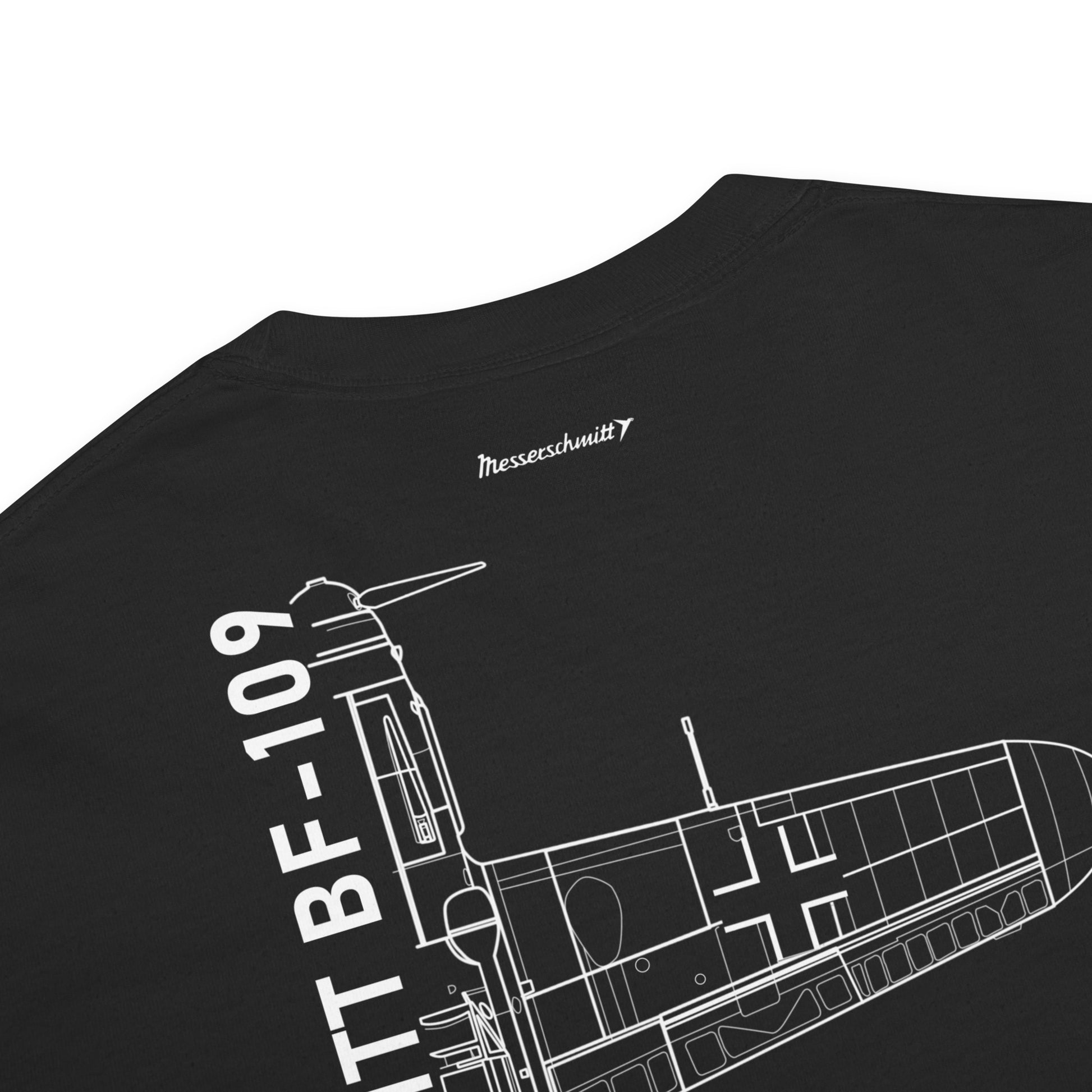 Hand-drawn schematic of the MESSERSCHMITT BF-109 printed on a standard T-shirt.