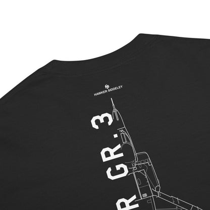 HAWKER HARRIER GR.3 - VERTICAL TAKE-OFF FIGHTER — hand-drawn artwork printed on standard T-shirt.
