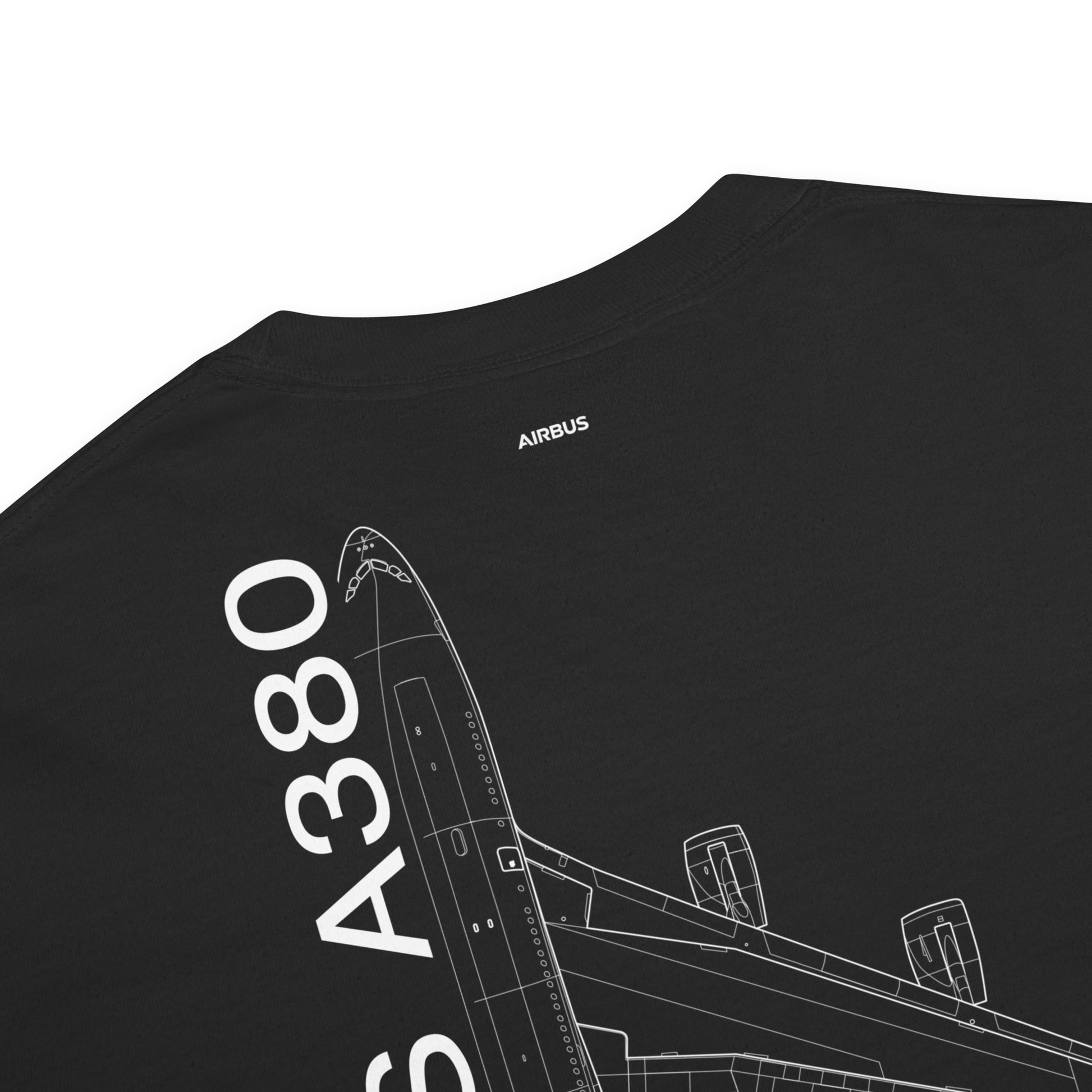 Hand-drawn schematic of the AIRBUS A380 SUPERJUMBO printed on a standard T-shirt.