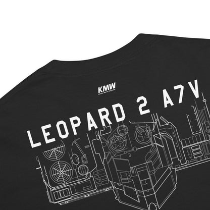 Hand-drawn schematic of the KRAUSS-MAFFEI LEOPARD 2 A7V TANK printed on a standard T-shirt.