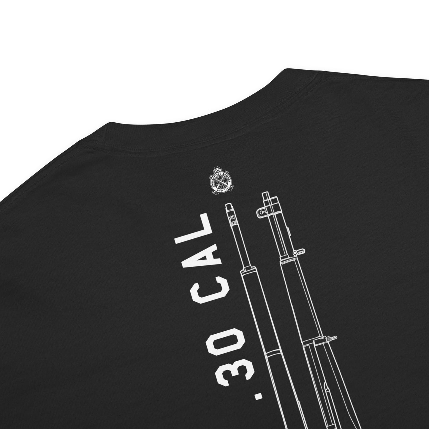 Hand-drawn schematic of the SPRINGFIELD M1 GARAND RIFLE printed on a standard T-shirt.