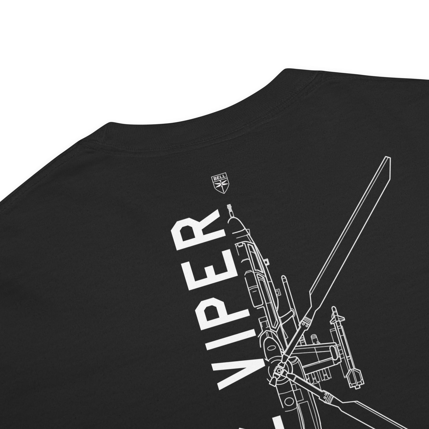 Hand-drawn schematic of the BELL AH-1Z VIPER ATTACK HELICOPTER printed on a standard T-shirt.