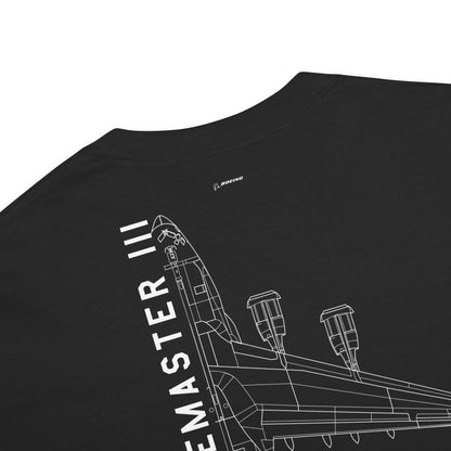 Hand-drawn schematic of the BOEING C-17 GLOBEMASTER III printed on a standard T-shirt.