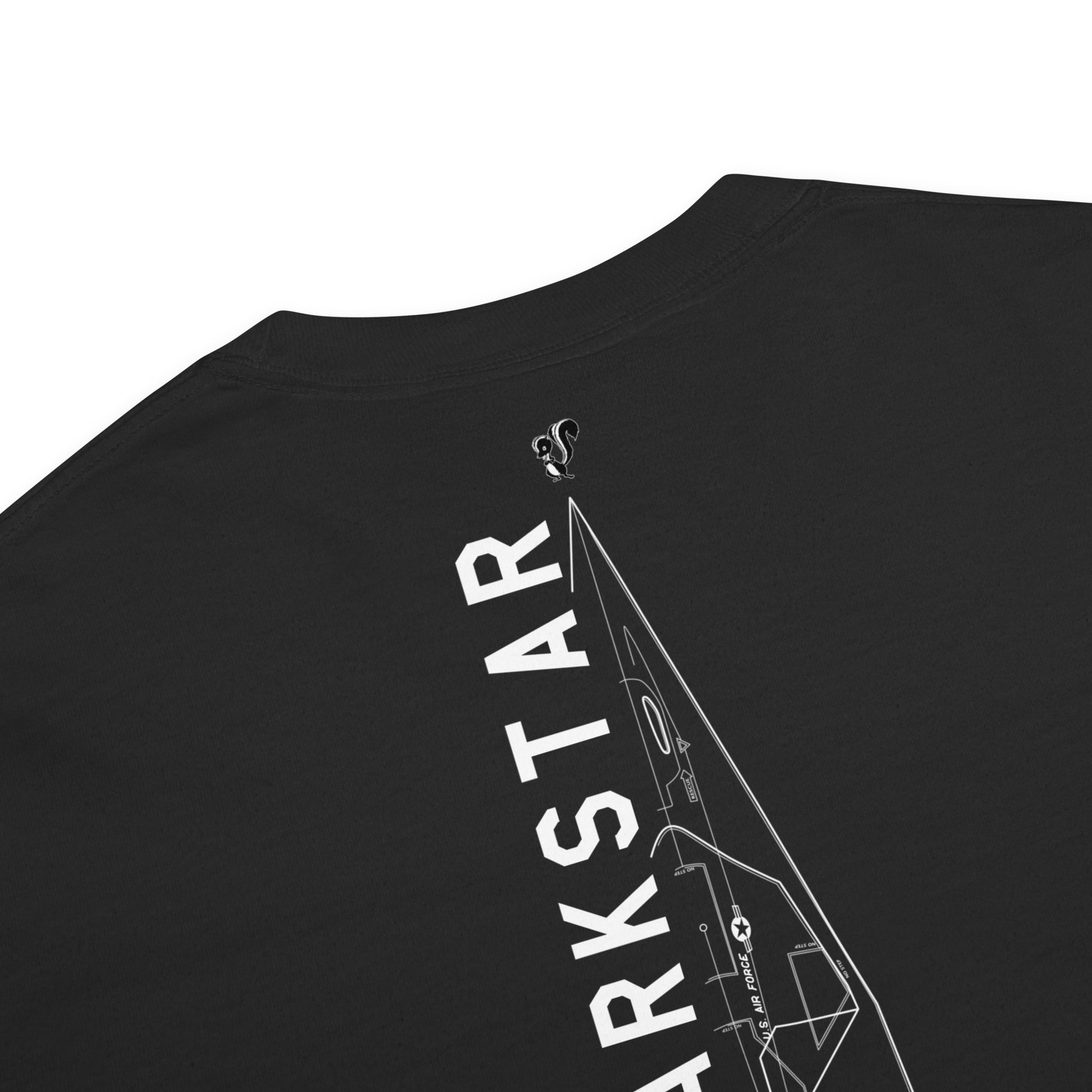 Hand-drawn schematic of the LOCKHEED MARTIN SKUNK WORKS SR-72 DARKSTAR printed on a standard T-shirt.