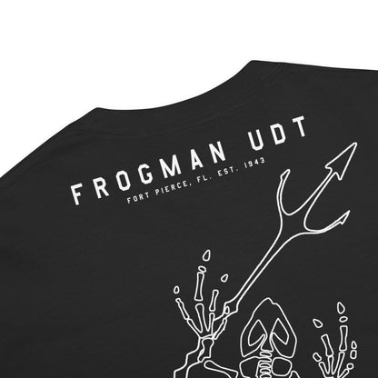 Hand-drawn schematic of the US NAVY UNDERWATER DEMOLITION TEAM UDT printed on a standard T-shirt.