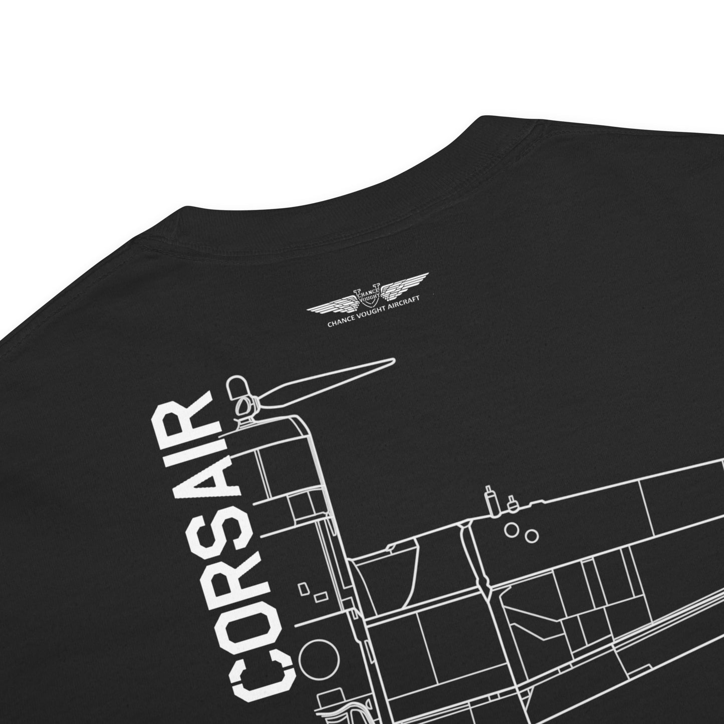 VOUGHT F4U CORSAIR - US NAVY WWII PACIFIC THEATRE FIGHTER — hand-drawn artwork printed on standard T-shirt; US Navy, Pacific Theatre.