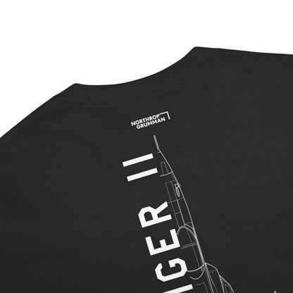 Hand-drawn technical schematic of the Northrop F-5E Tiger II Cold War fighter jet printed on a standard t-shirt.