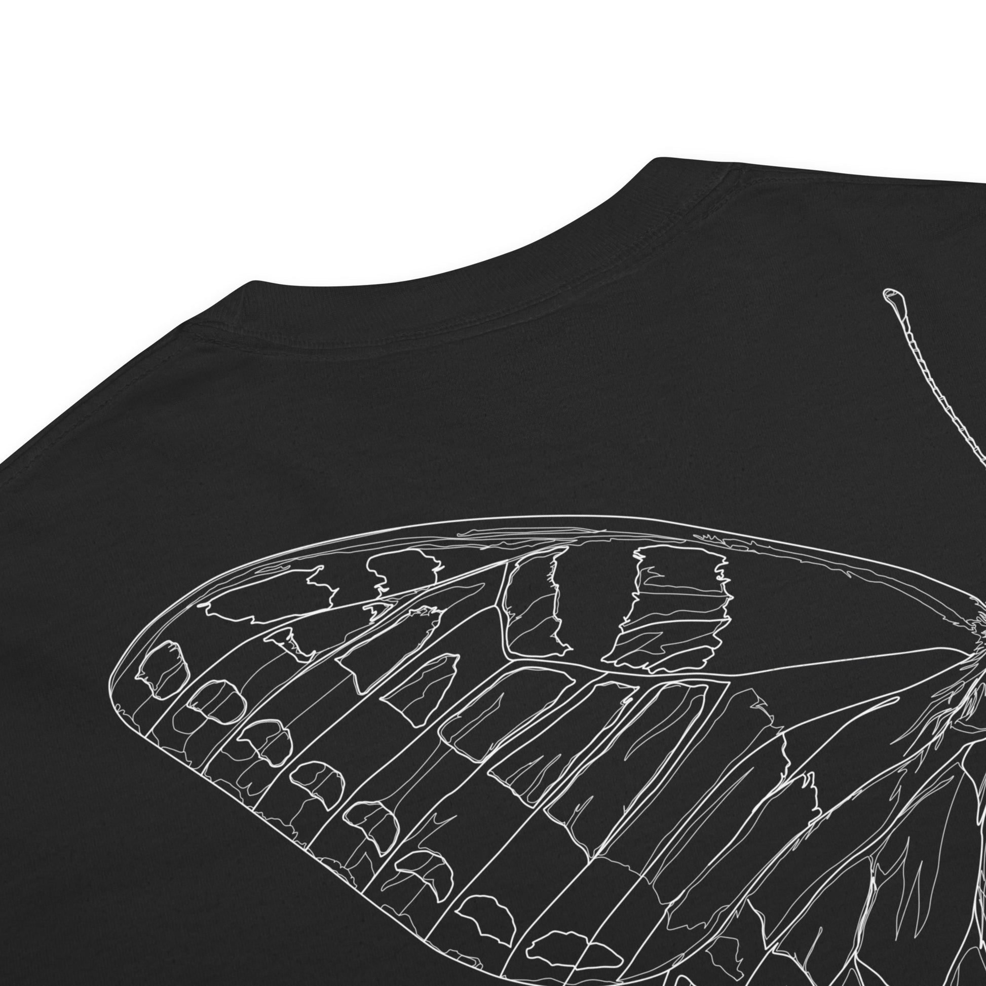 Hand-drawn schematic of the PAPILIO MACHAON OLD WORLD SWALLOWTAIL BUTTERFLY printed on a standard T-shirt.