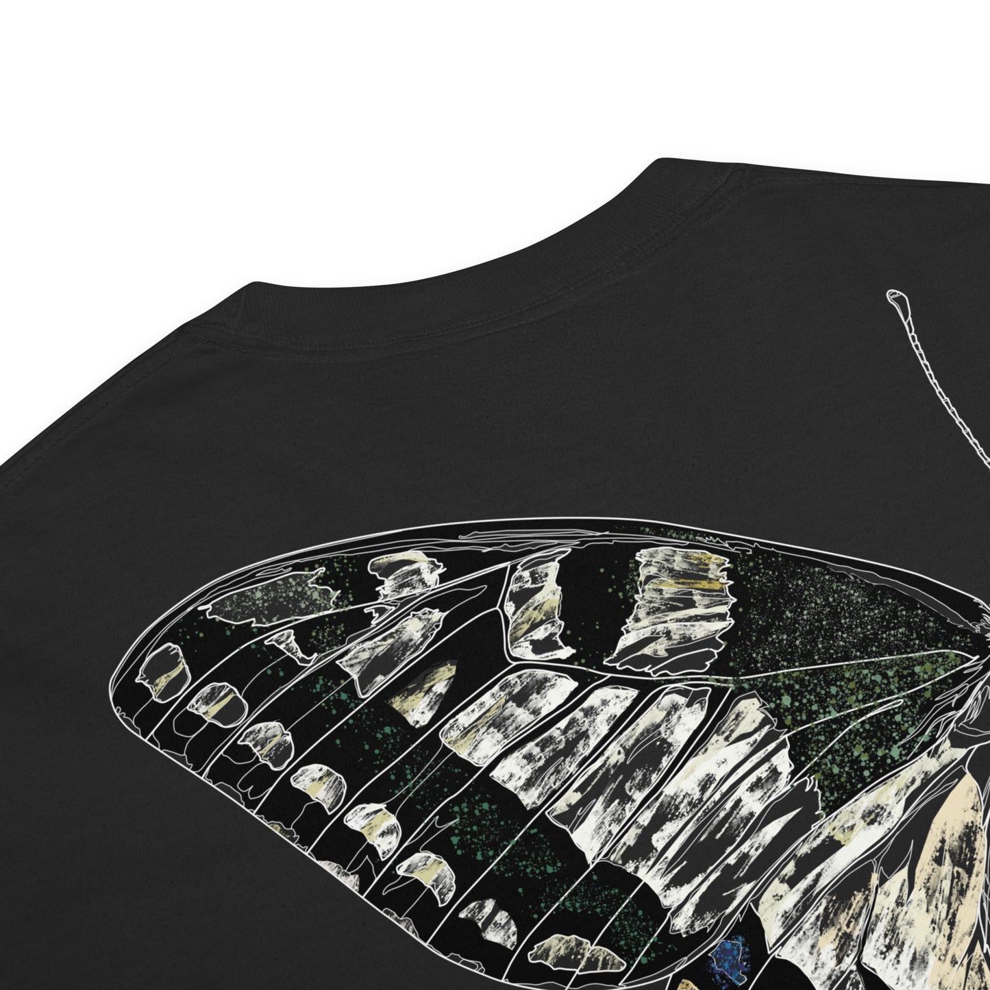 Hand-drawn schematic of the PAPILIO MACHAON OLD WORLD SWALLOWTAIL BUTTERFLY Coloured printed on a standard T-shirt.