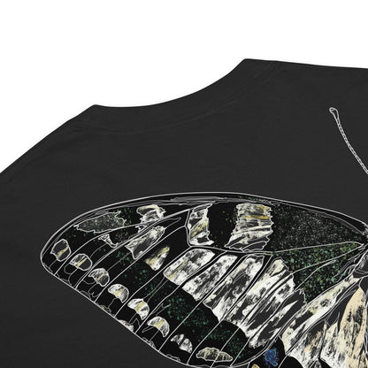 Hand-drawn schematic of the PAPILIO MACHAON OLD WORLD SWALLOWTAIL BUTTERFLY Coloured printed on a standard T-shirt.