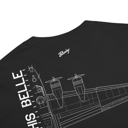 Hand-drawn schematic of the BOEING B-17F FLYING FORTRESS - Memphis Belle Edition printed on a standard T-shirt.