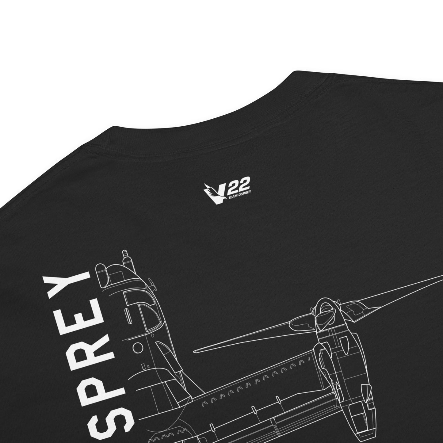 Hand-drawn schematic of the BELL BOEING MV-22 OSPREY printed on a standard T-shirt.