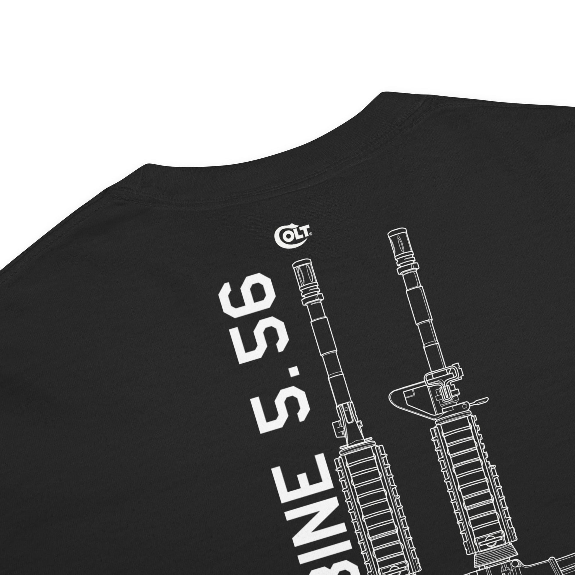 Hand-drawn technical schematic of the Colt M4A1 US Infantry battle rifle printed on a standard t-shirt.