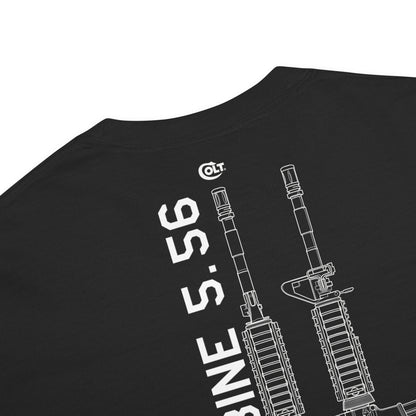 Hand-drawn technical schematic of the Colt M4A1 US Infantry battle rifle printed on a standard t-shirt.