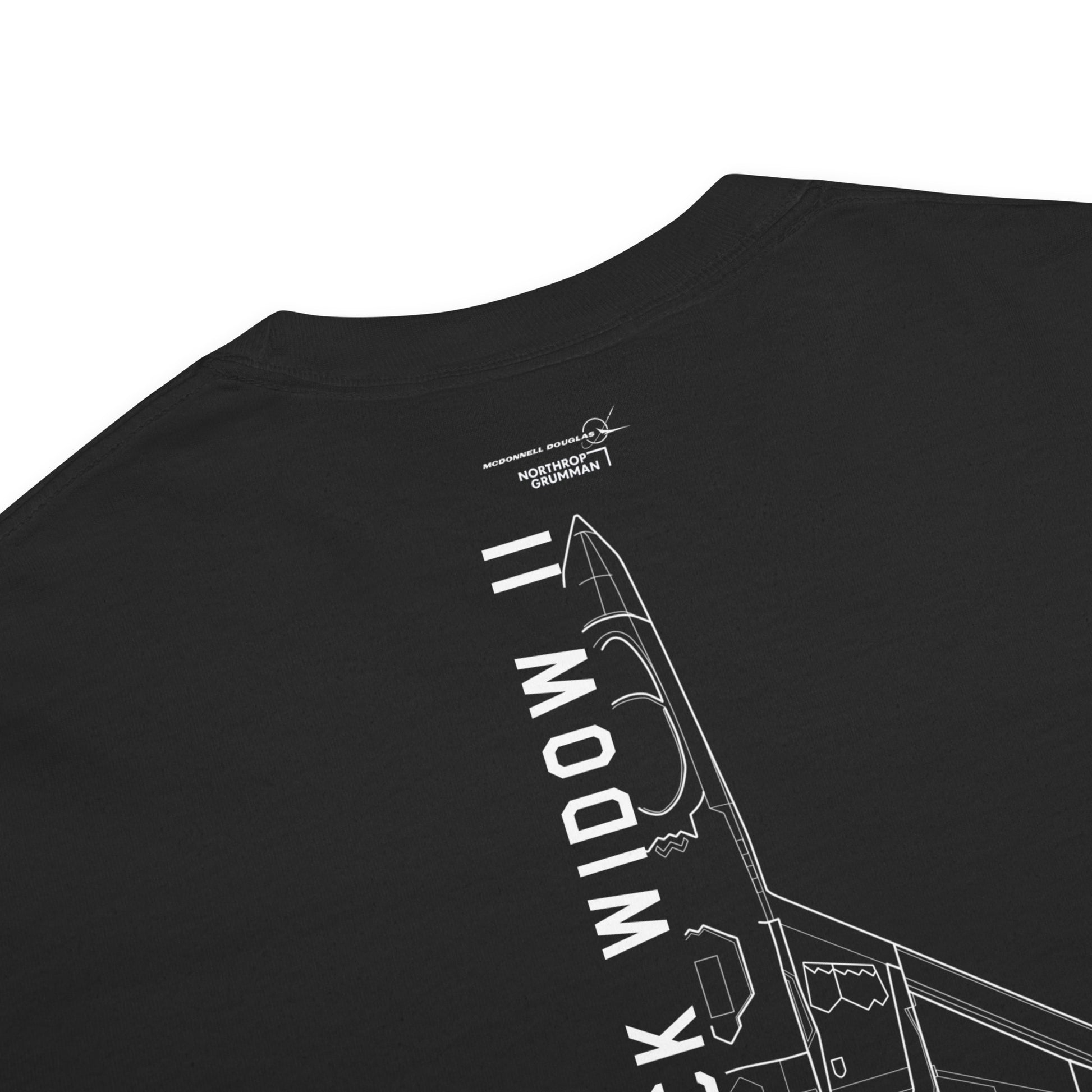 Hand-drawn schematic of the Northrop YF-23 Black Widow II stealth prototype fighter printed on a standard t-shirt.