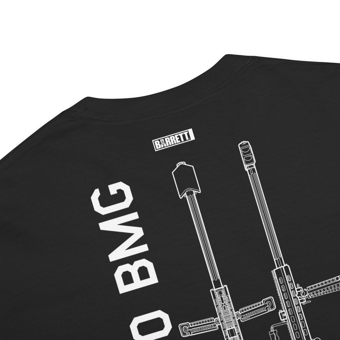 Hand-drawn schematic of the BARRETT M82A1.50 BMG printed on a standard T-shirt.