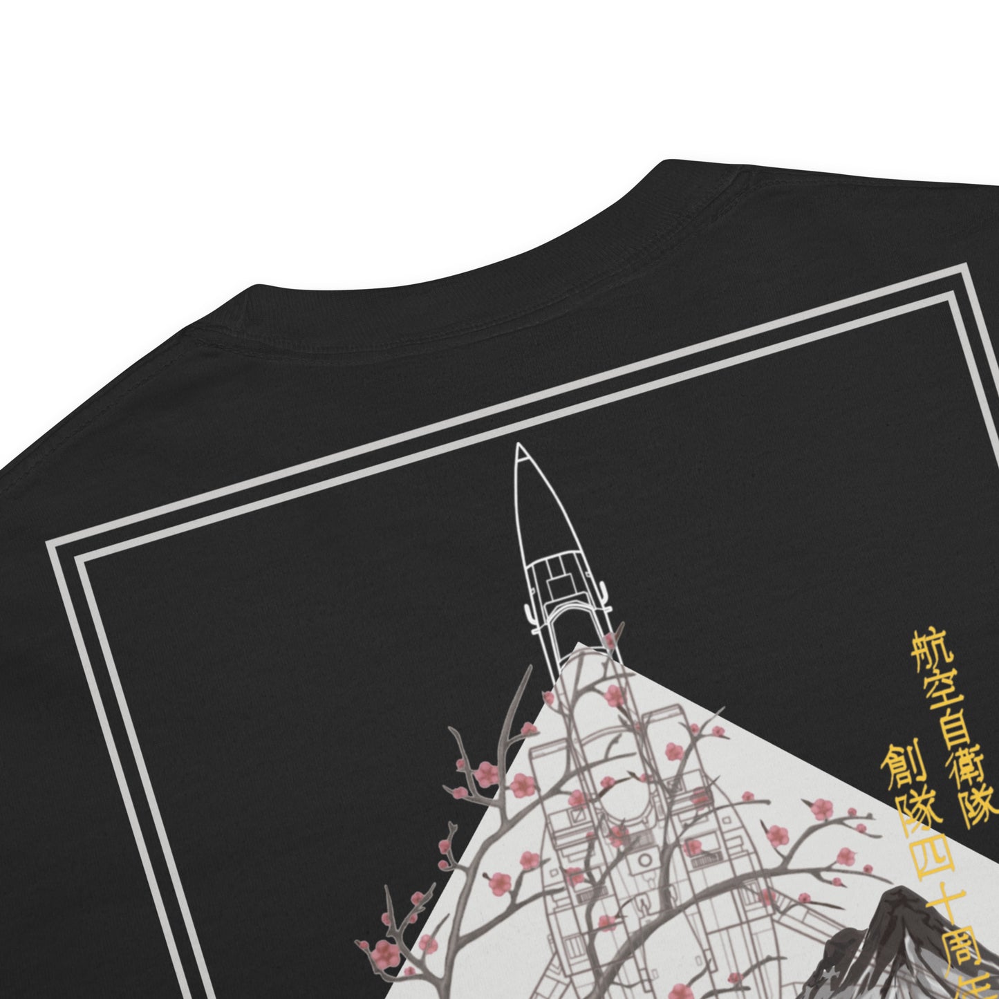 Hand-drawn schematic of the Mitsubishi F-15J Eagle 305th Tactical Fighter Squadron 50 Years livery on a standard t-shirt.