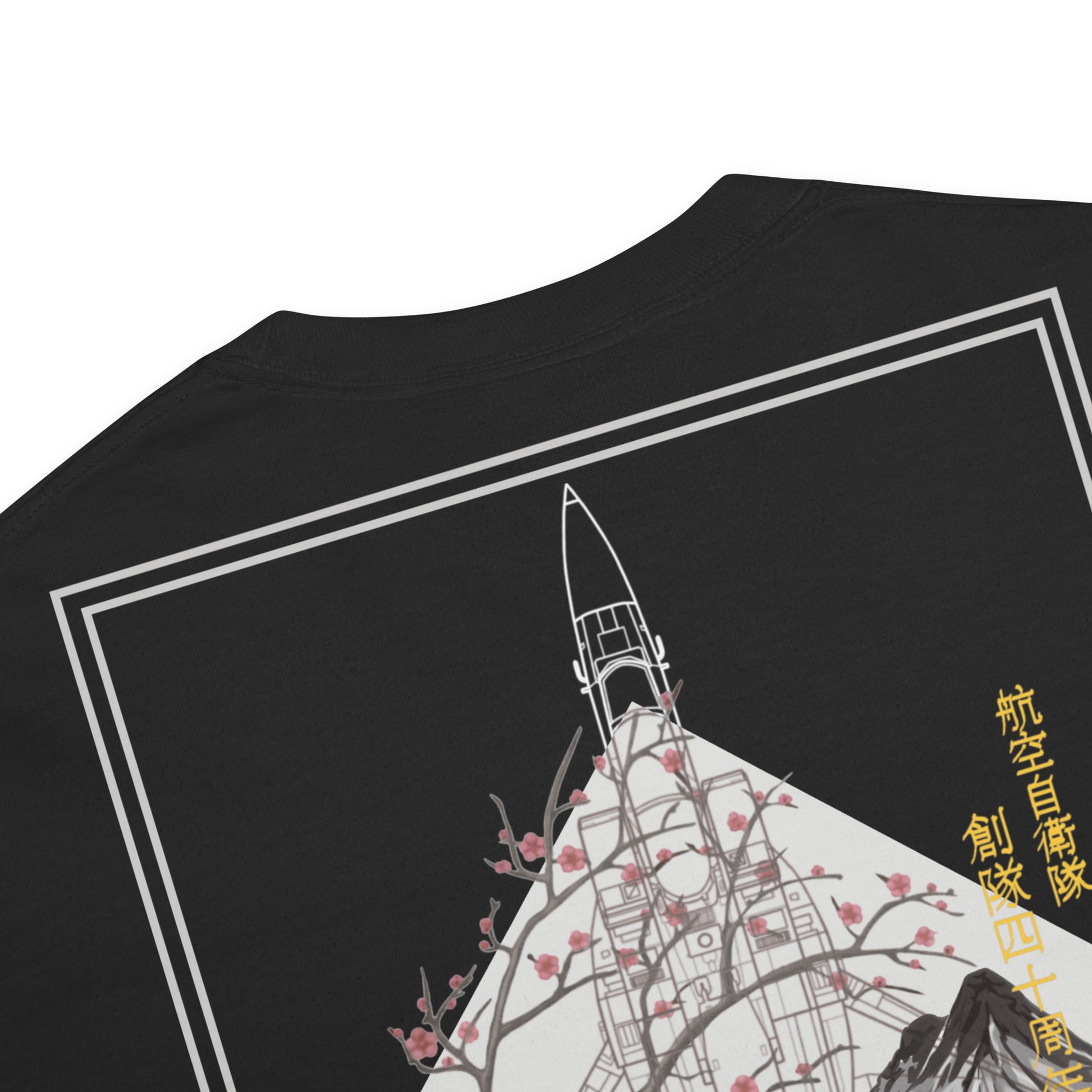 Hand-drawn schematic of the Mitsubishi F-15J Eagle 305th Tactical Fighter Squadron 50 Years livery on a standard t-shirt.