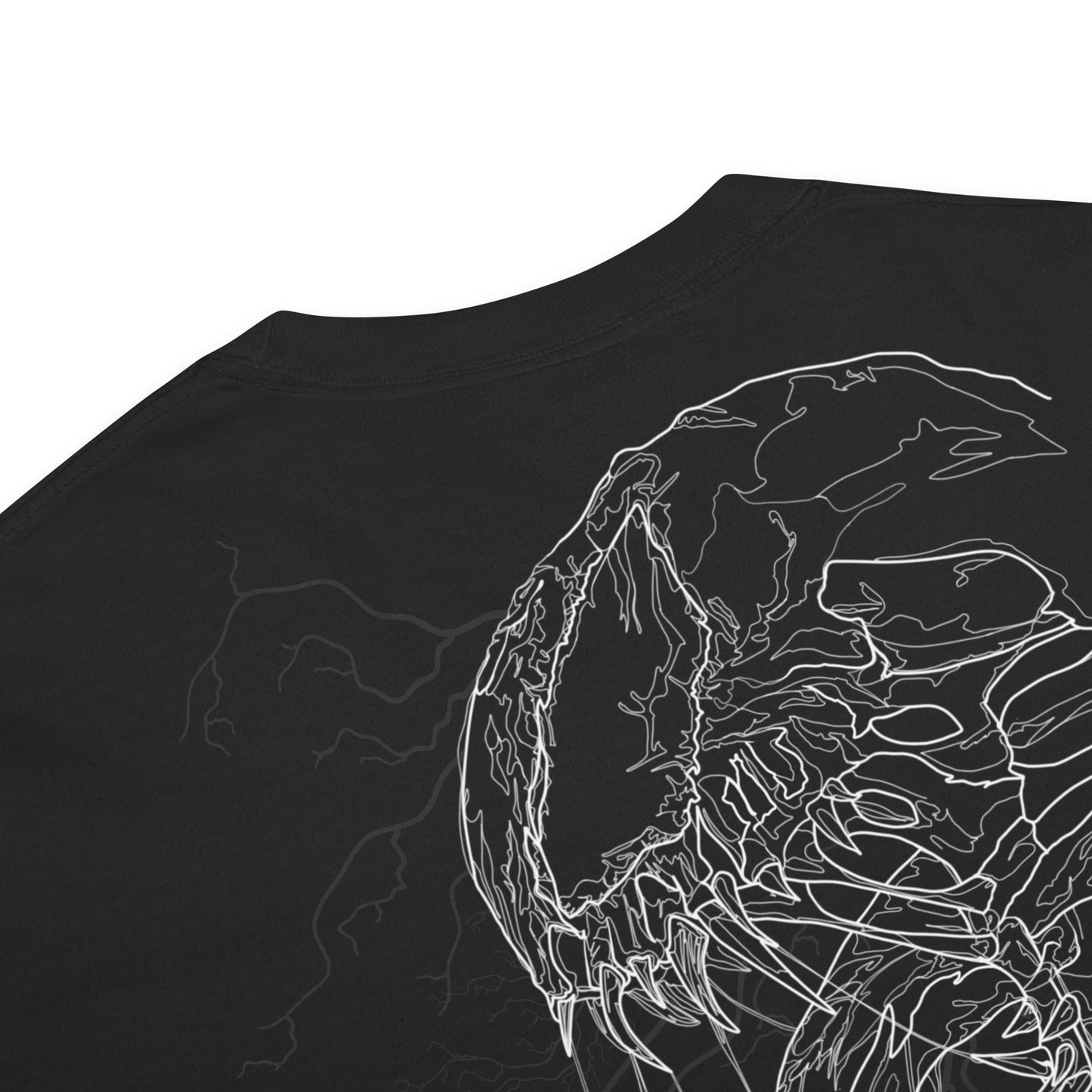 Hand-drawn technical profile of a Venom-inspired monster symbiote anti-hero design printed on a standard t-shirt.