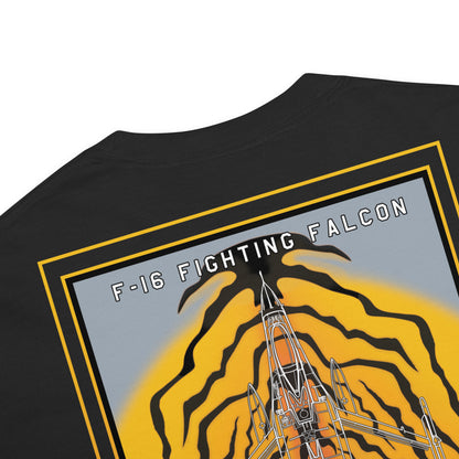 Hand-drawn schematic of the F-16 Belgian Air Force 31st Tiger Squadron 65th Anniversary livery on a standard t-shirt.