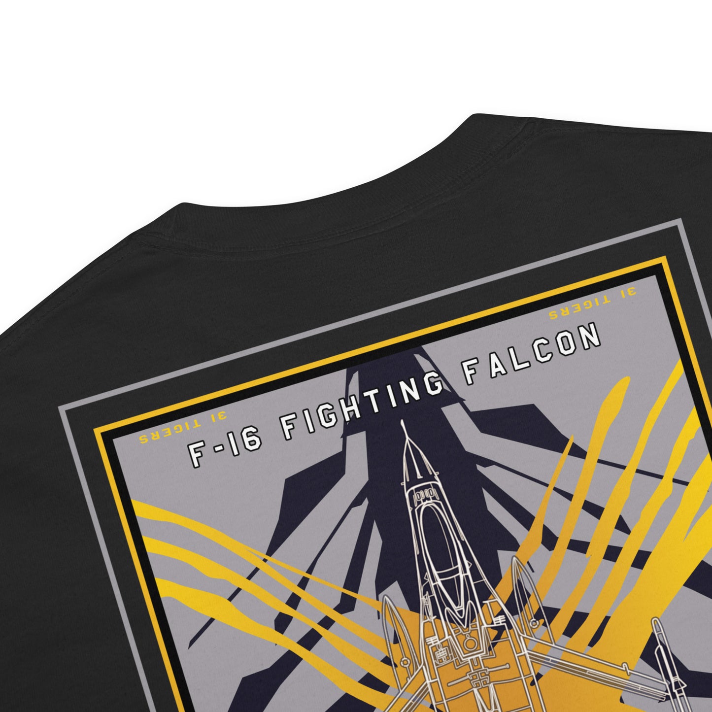 Hand-drawn schematic of the F-16 Fighting Falcon Belgian Air Force 31st X-Tiger camouflage on a standard t-shirt.