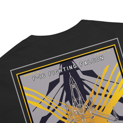 Hand-drawn schematic of the F-16 Fighting Falcon Belgian Air Force 31st X-Tiger camouflage on a standard t-shirt.