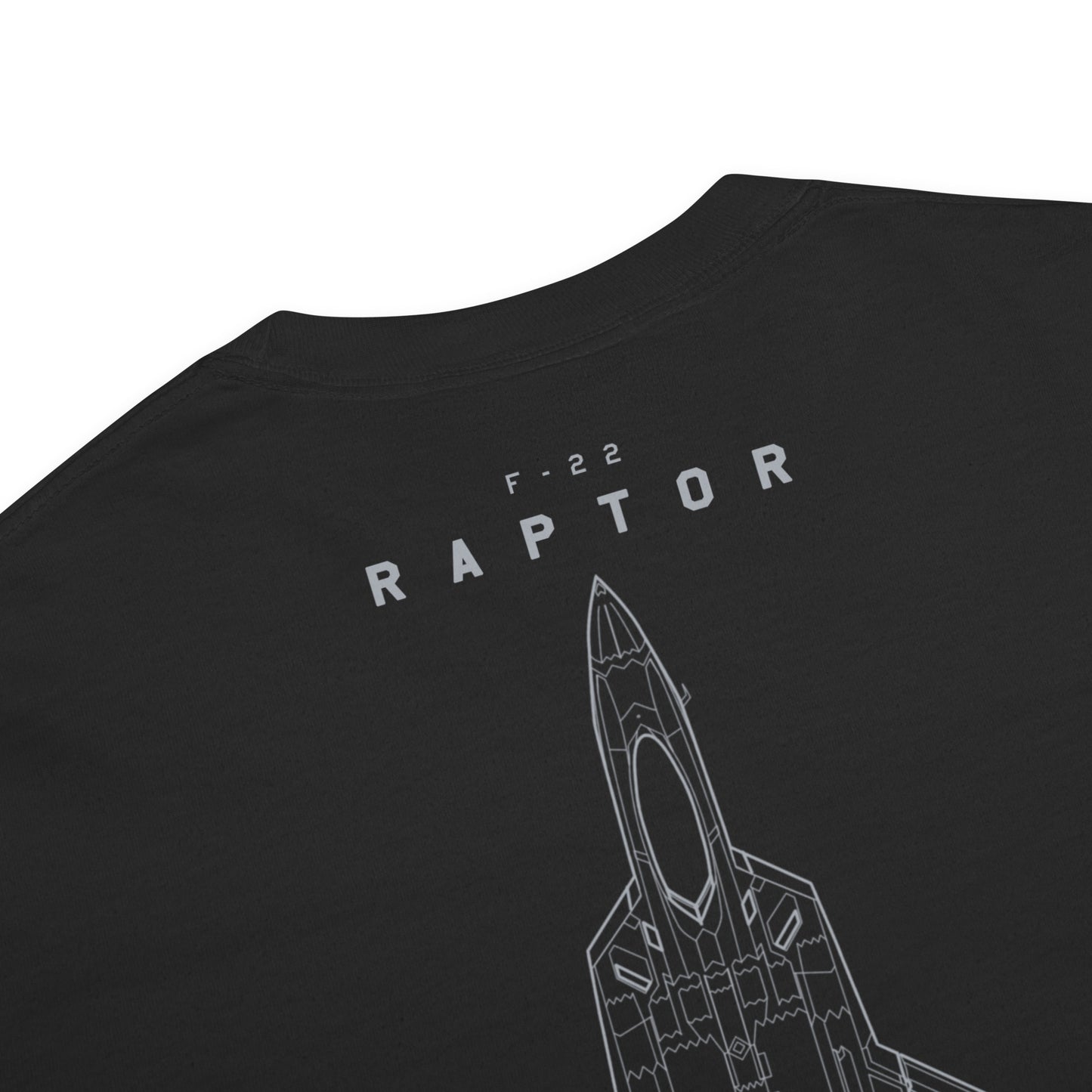 Hand-drawn full schematic of the Lockheed Martin F-22 Raptor printed on a standard t-shirt.