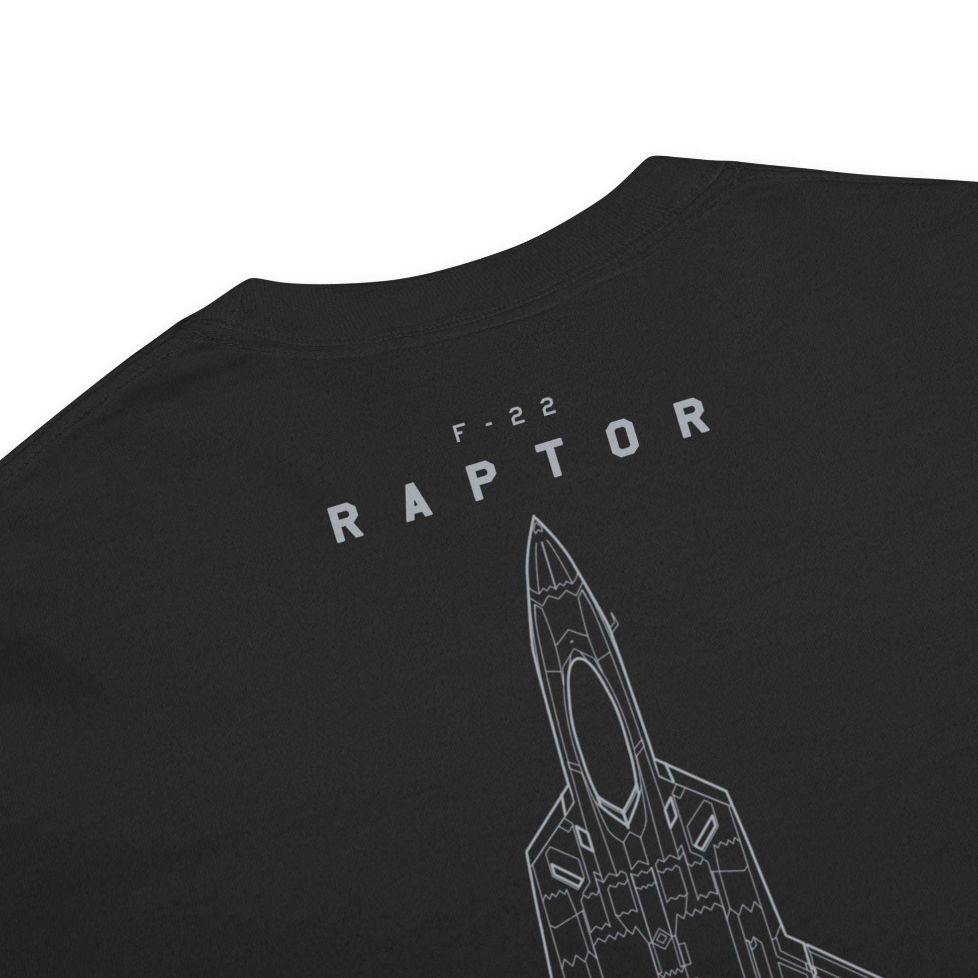 Hand-drawn full schematic of the Lockheed Martin F-22 Raptor printed on a standard t-shirt.
