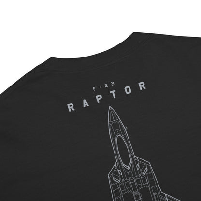 Hand-drawn full schematic of the Lockheed Martin F-22 Raptor printed on a standard t-shirt.