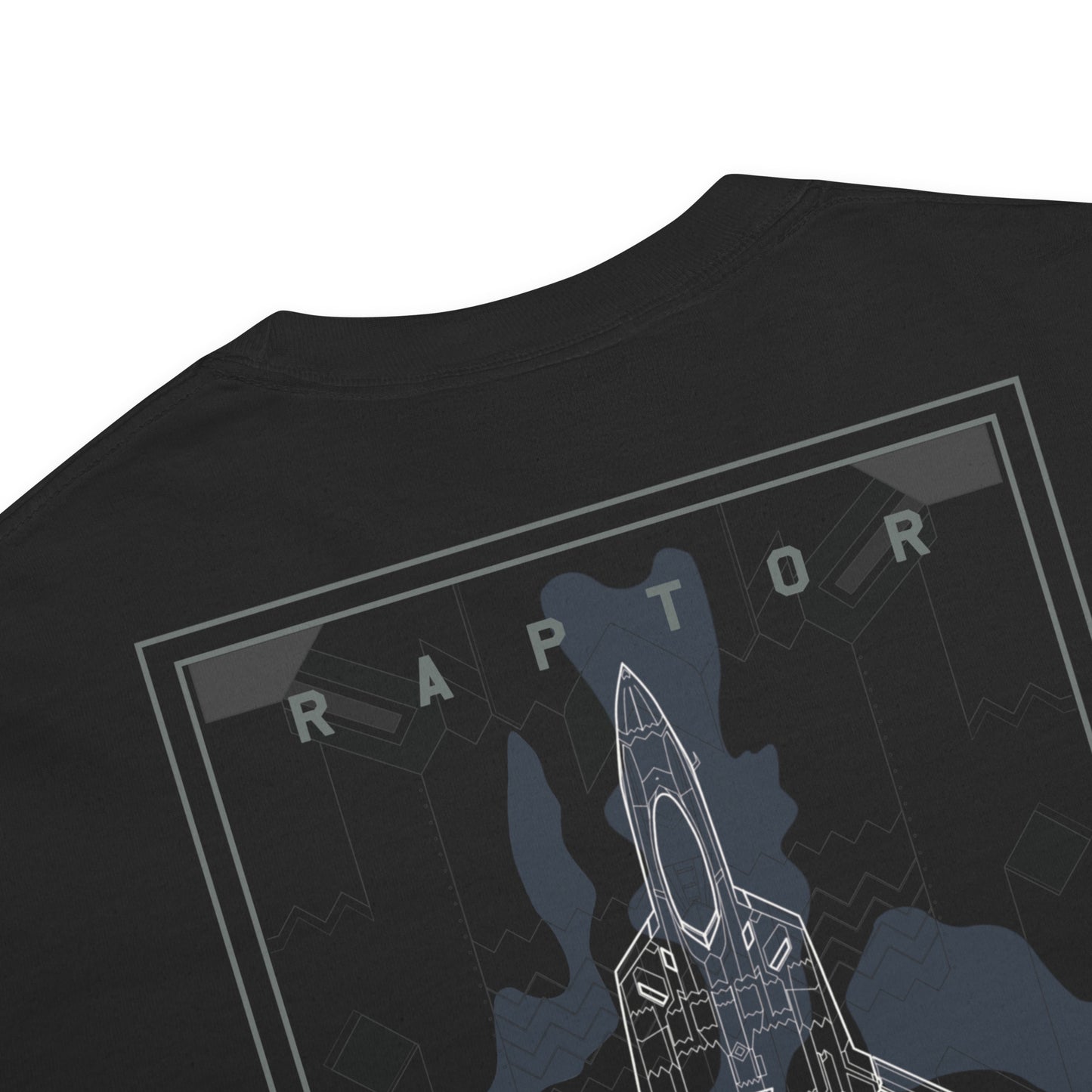 Hand-drawn schematic of the Lockheed Martin F-22 Raptor airframe and camouflage design printed on a standard t-shirt.
