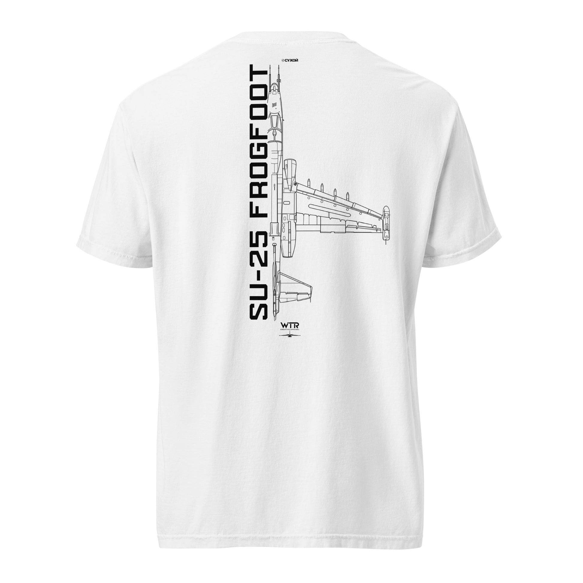 Hand-drawn technical schematic of the Sukhoi SU-25 Frogfoot Grach ground support aircraft on a standard t-shirt.