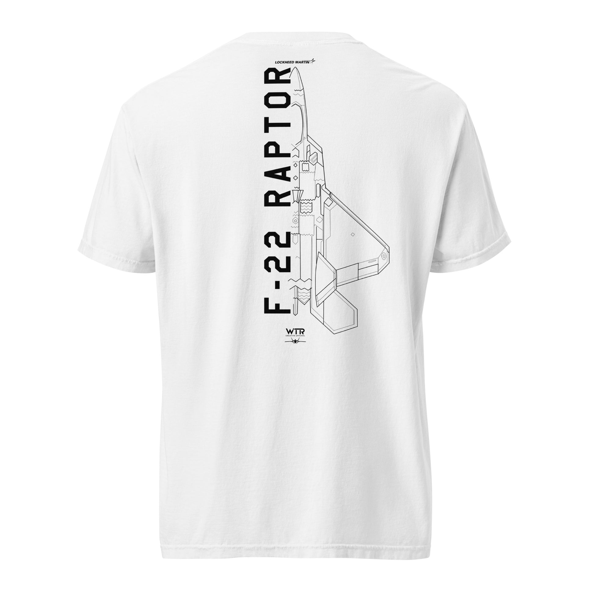 Hand-drawn aerial domination schematic of the Lockheed Martin F-22 Raptor stealth fighter on a standard t-shirt.