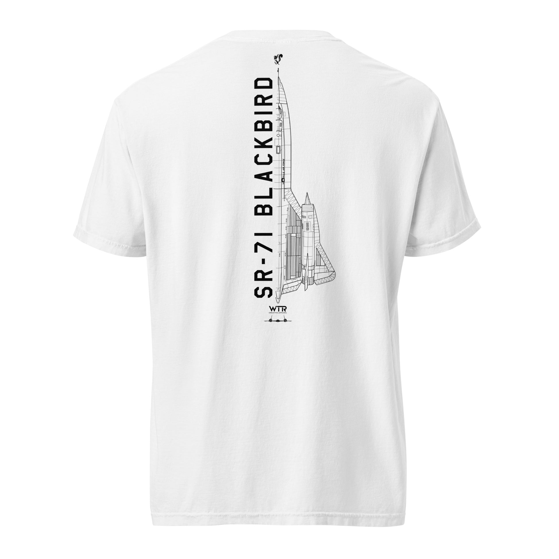 Hand-drawn technical schematic of the Lockheed Martin Skunk Works SR-71 Blackbird Habu on a standard t-shirt.