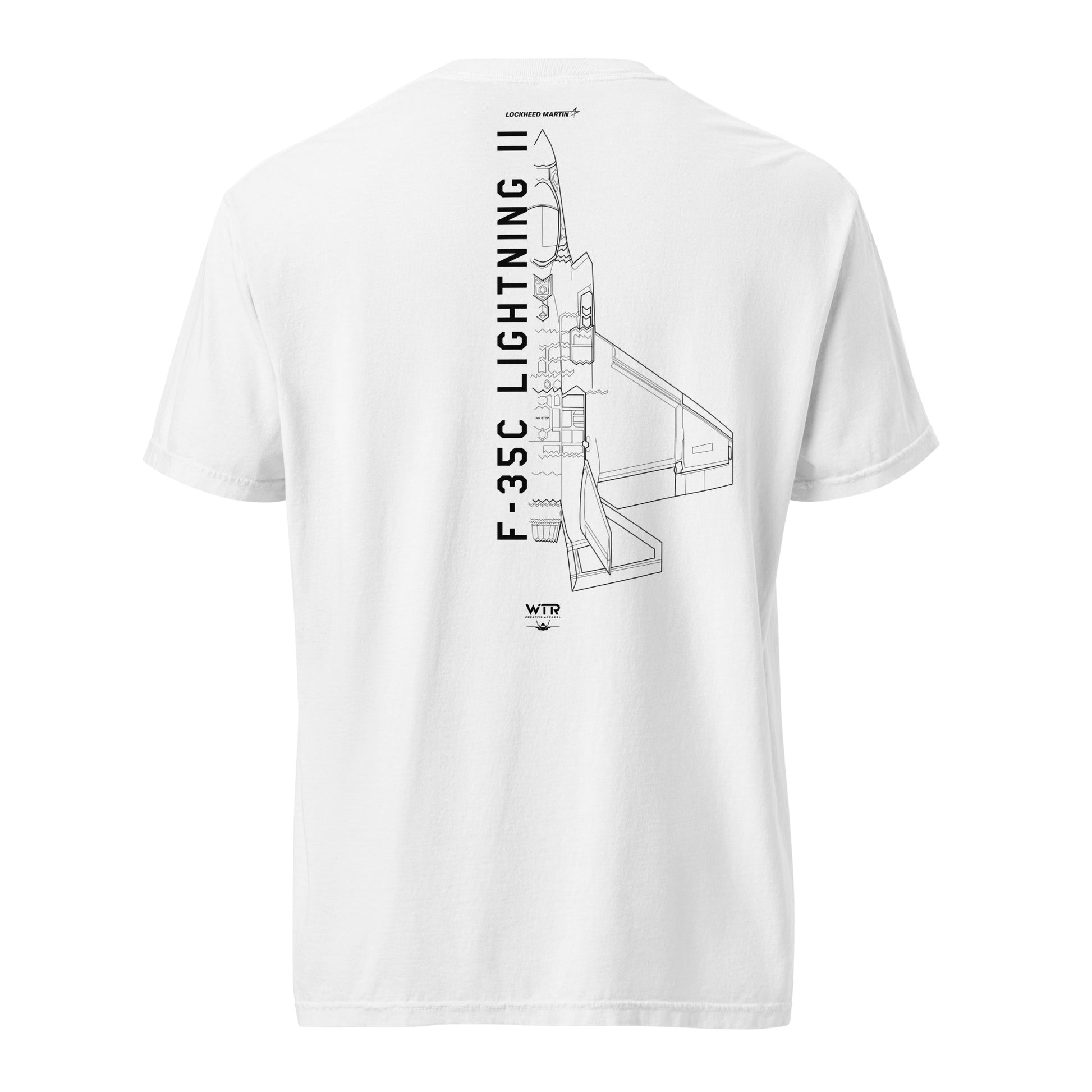 Hand-drawn technical schematic of the Lockheed Martin F-35C Lightning II (CATOBAR) Joint Strike Fighter on a standard t-shirt.