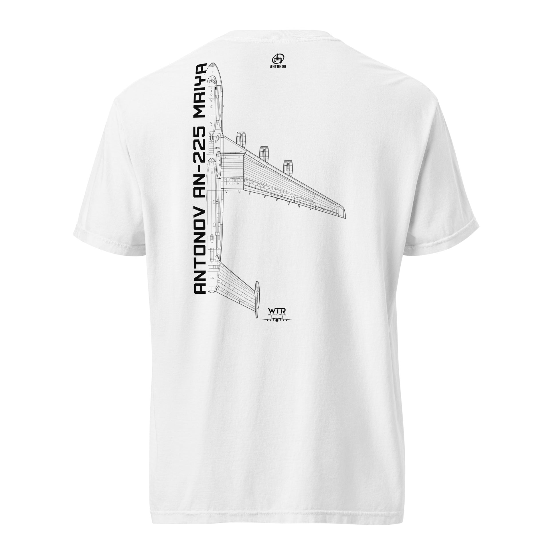 ANTONOV AN225 MRIYA — hand-drawn schematic artwork printed on standard T-shirt.