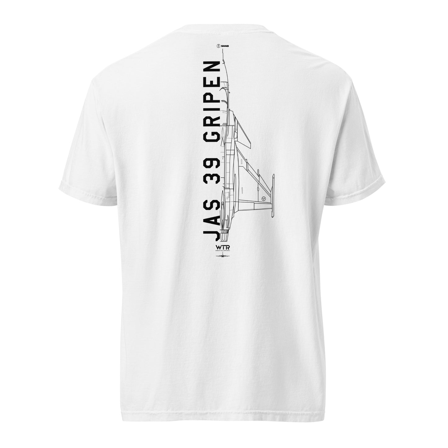 Hand-drawn schematic of the SAAB JAS 39 GRIPEN printed on a standard T-shirt.