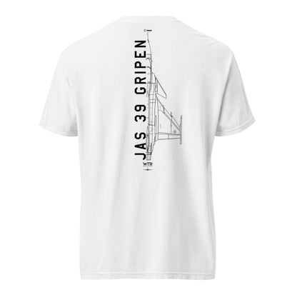 Hand-drawn schematic of the SAAB JAS 39 GRIPEN printed on a standard T-shirt.