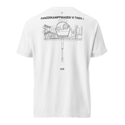 Hand-drawn schematic of the TIGER 1 printed on a standard T-shirt.