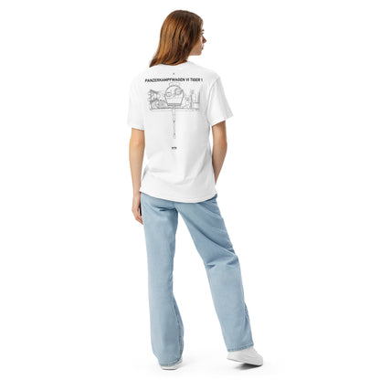 Hand-drawn schematic of the TIGER 1 printed on a standard T-shirt.