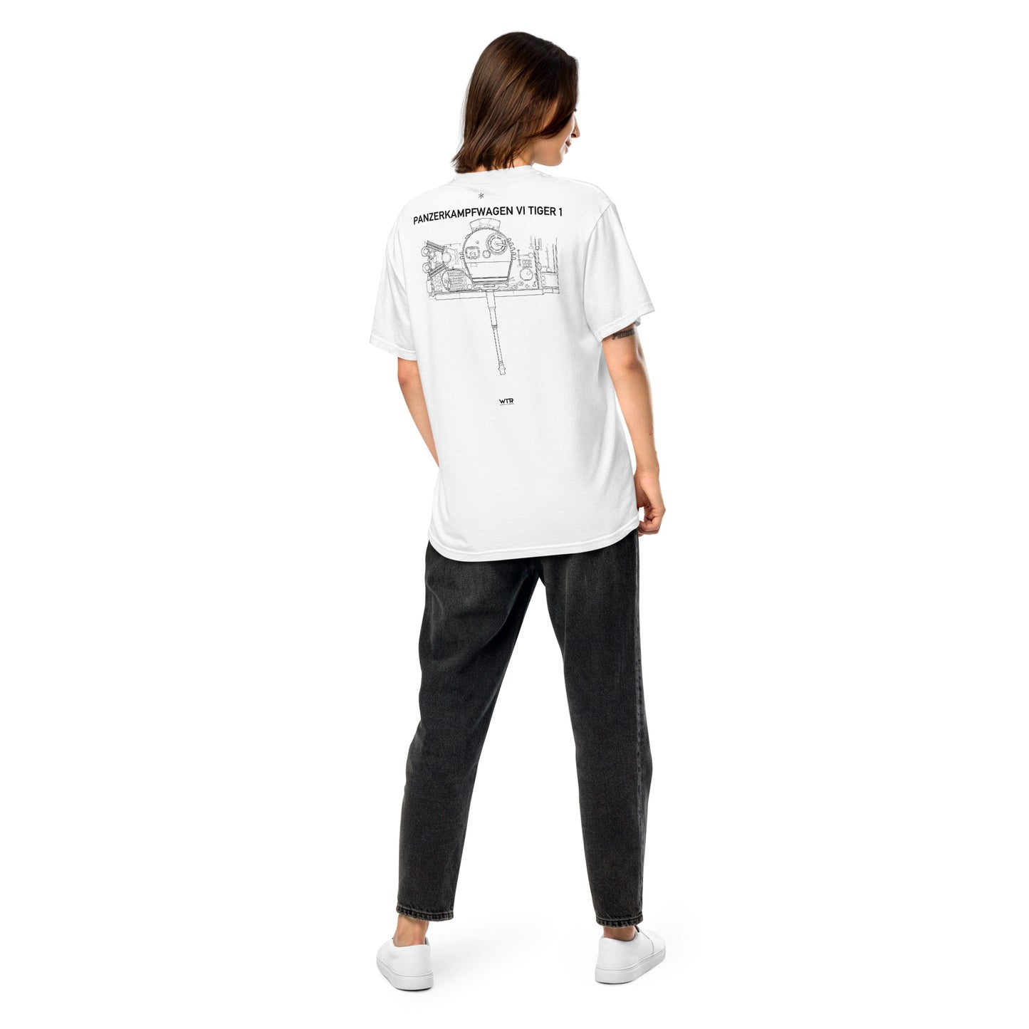 Hand-drawn schematic of the TIGER 1 printed on a standard T-shirt.