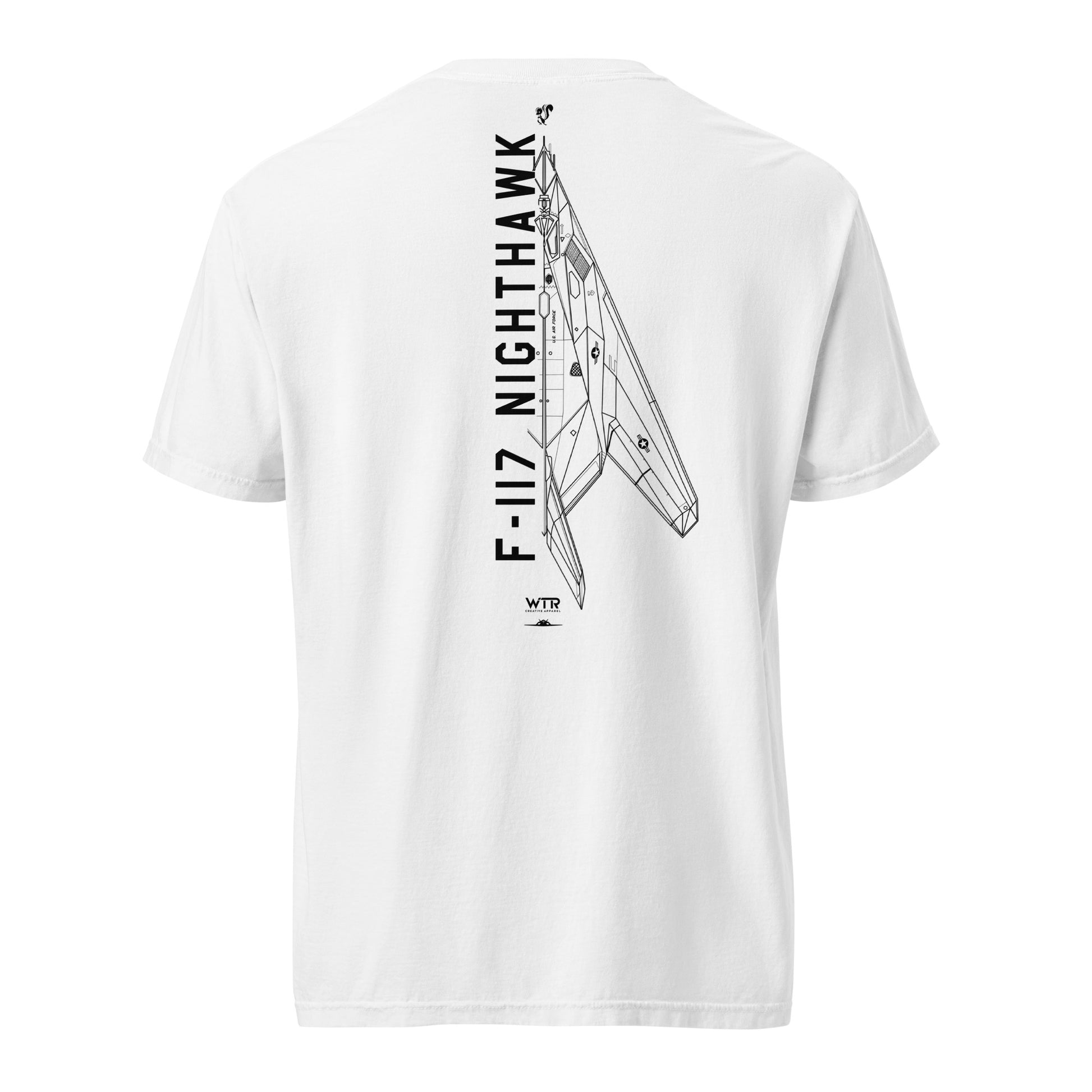 Hand-drawn schematic of the LOCKHEED MARTIN SKUNK WORKS F-117 NIGHTHAWK printed on a standard T-shirt.