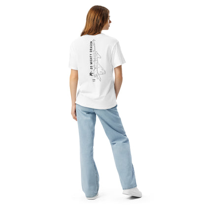 Hand-drawn technical schematic of the Chengdu J-20 Mighty Dragon Chinese stealth fighter on a standard t-shirt.