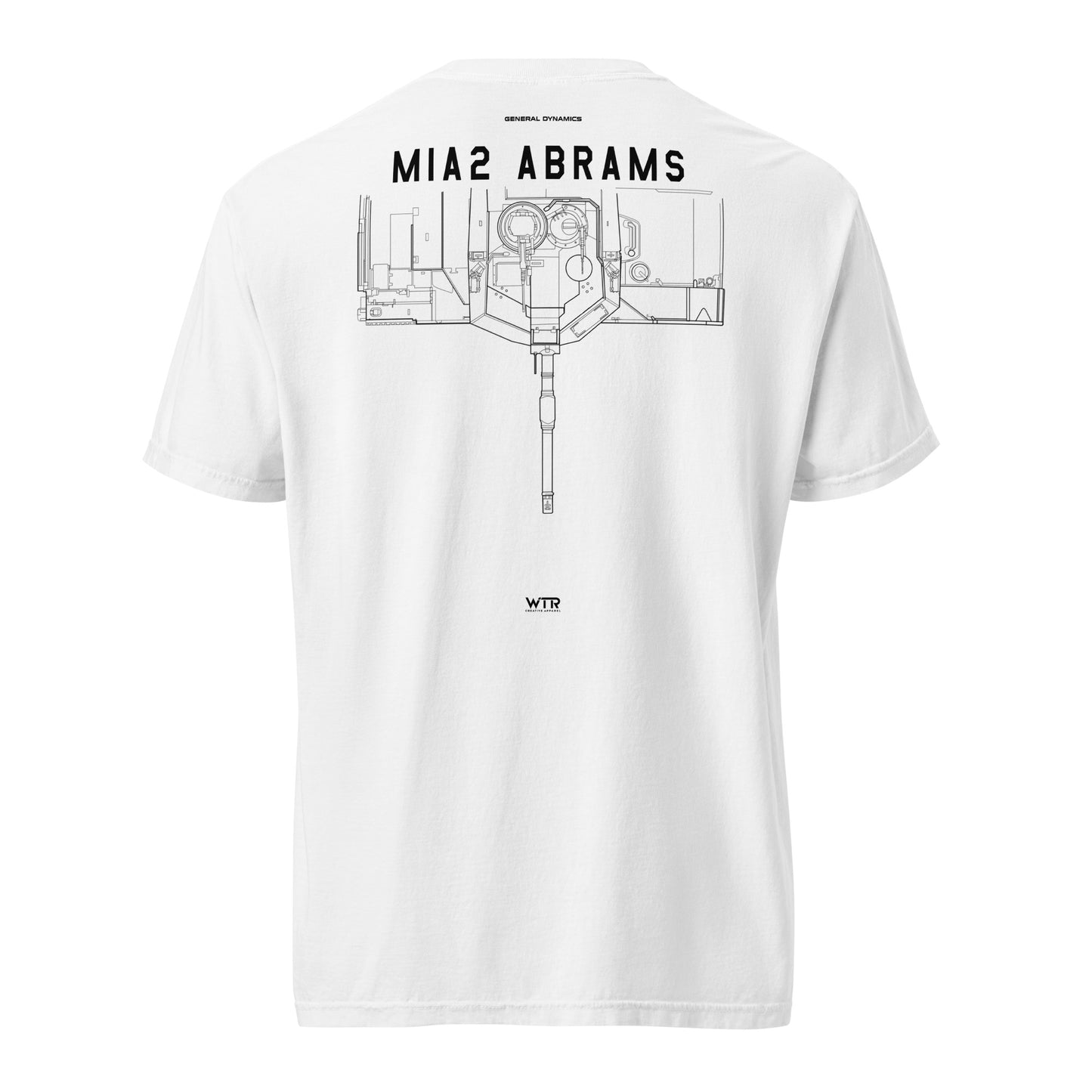 Hand-drawn schematic of the GENERAL DYNAMICS M1A2 ABRAMS TANK printed on a standard T-shirt.