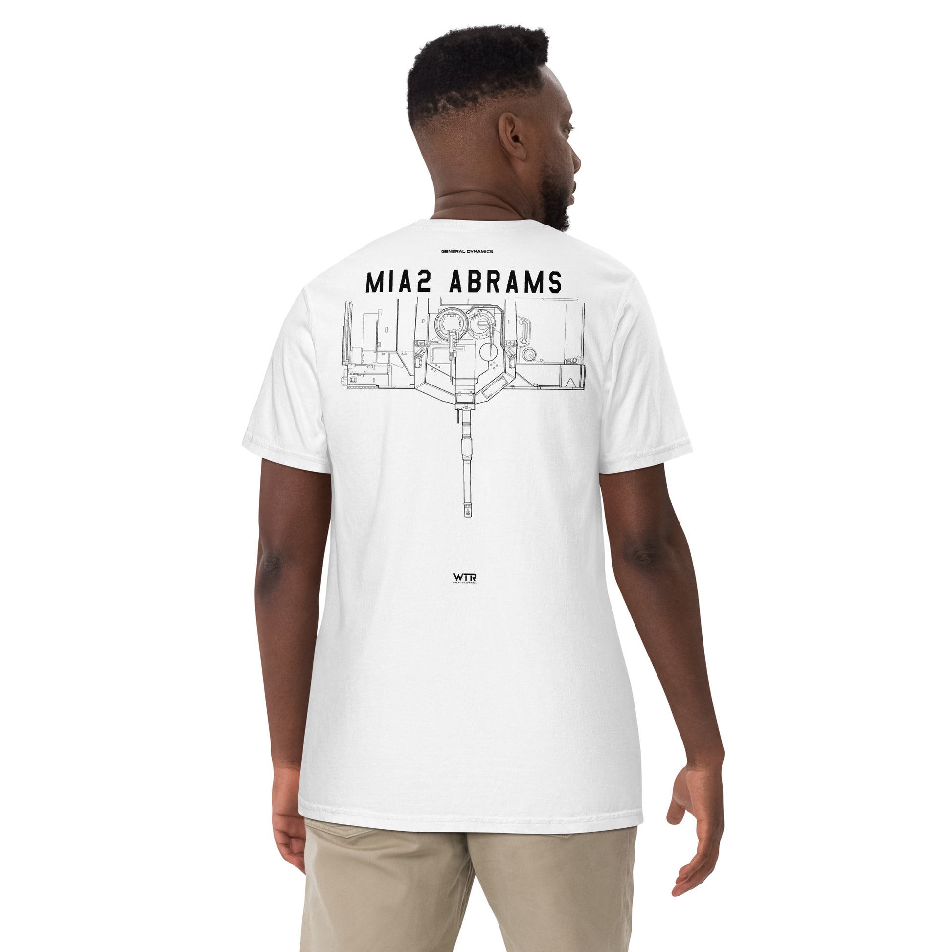Hand-drawn schematic of the GENERAL DYNAMICS M1A2 ABRAMS TANK printed on a standard T-shirt.